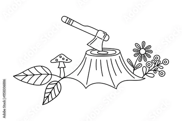 Fototapeta Axe stuck into stump. Forest landscape. Black and white line art. Hand drawn Doodle Illustration. For textiles, clothes, backgrounds, postcards. Travel, hiking and camping concept. Vector illustration