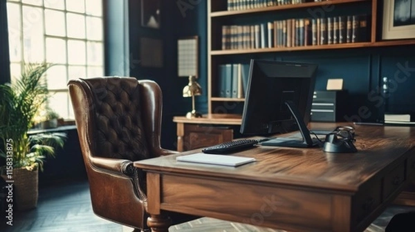 Obraz The director's office features a PC, a leather couch, and a wide oak table. Interior design
