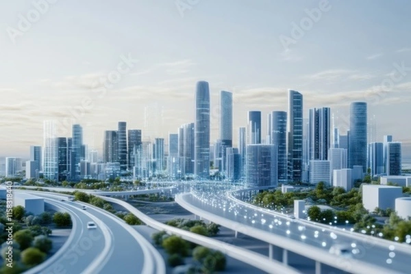Fototapeta Futuristic Urban Landscape with Modern Skyscrapers and Advanced Technology Features in a City Skyline Under Clear Blue Sky and Greenery Surrounding Roads