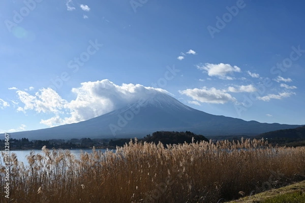 Obraz 河口湖の大石公園から雲がかかった富士山とススキの風景