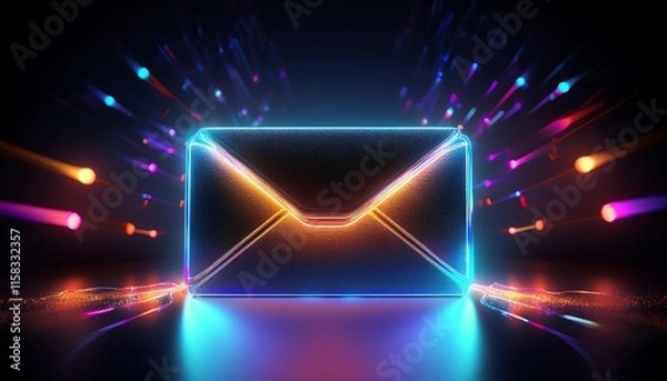 Fototapeta A glowing, futuristic envelope with colorful light trails, symbolizing digital communication and connectivity.