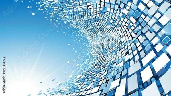 Fototapeta Abstract Waves of Blue and White Digital Squares Against Sky Background