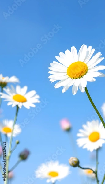 Fototapeta Beautiful spring background with daisies flowers on blue sky. Easter banner design, space for text. macro shot, copy spase, bokeh effect, sticker style, with white tones