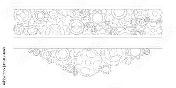 Fototapeta Sketch-style doodle frame with colorful hand-drawn gears and cogwheels, embodying a concept of teamwork, business ideas, and progress.