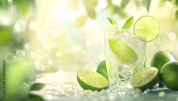Fototapeta Fresh Lime Water with Sliced Limes and Green Background