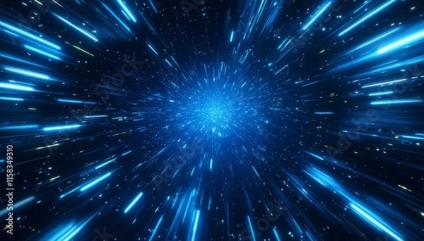 Fototapeta Abstract blue light streaks radiating from bright center in dark space.