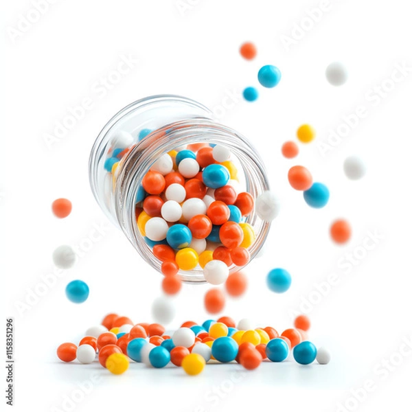 Fototapeta Colorful candy balls spilling from a glass jar on a white background.