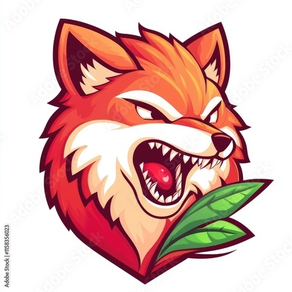 Obraz Fierce Red Fox Head with Green Leaves