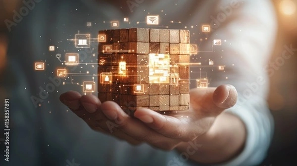 Fototapeta A hand holding a glowing cube with digital icons, symbolizing technology and innovation.