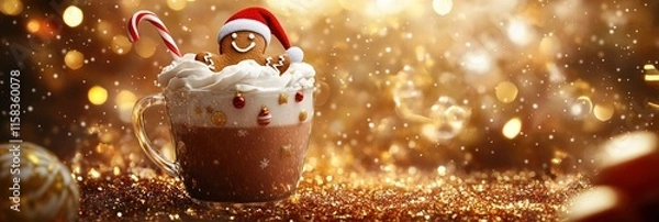 Fototapeta A cup of hot chocolate with gingerbread cookies wearing santa hat, golden glitter and cristmas ball on surface, blur bokeh background