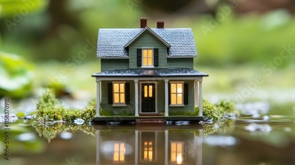 Fototapeta Illuminated miniature house partially submerged in water, reflecting in the still surface.
