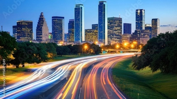 Fototapeta A vibrant city skyline at dusk with light trails from moving vehicles on a highway.