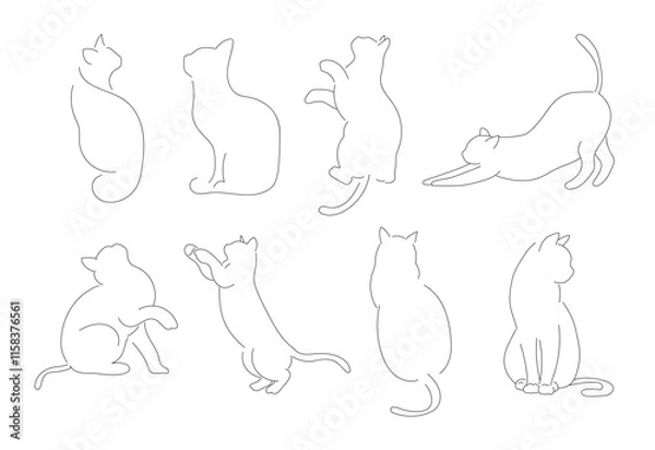 Obraz Cat line, Cat sitting with curled tail, different cat silhouette one line hand drawn 