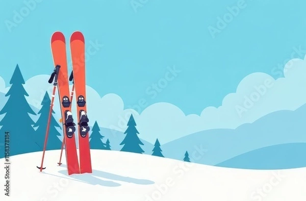 Fototapeta Red skis and ski poles stand stuck in a snowdrift against the background of Christmas trees, the year, clouds and the blue sky. The concept of a ski resort, active recreation