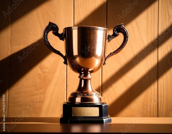 Fototapeta A shiny copper trophy with two handles sits on a black pedestal, casting a shadow on a wooden wall.