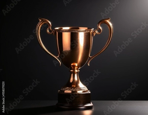Fototapeta A golden trophy with two handles stands on a dark surface, casting a shadow on the table.