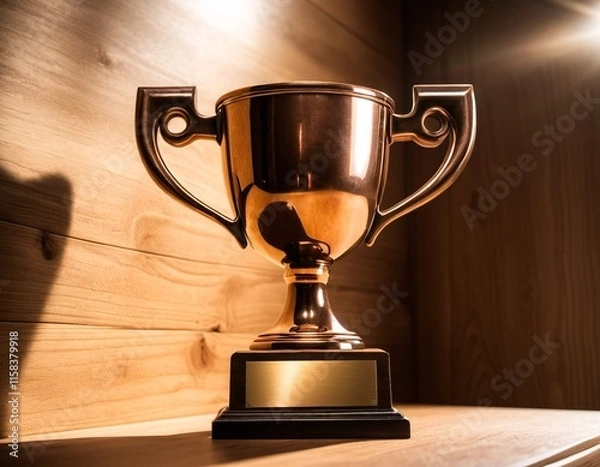 Fototapeta A golden trophy with a black base and gold plaque sits on a wooden shelf, bathed in warm light.