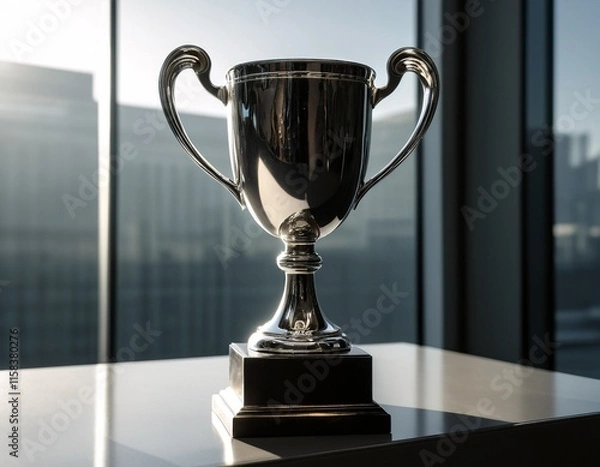 Fototapeta A shiny silver trophy with two handles sits on a black pedestal, reflecting light in a room with large windows.
