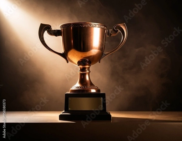 Fototapeta A golden trophy with a plaque sits on a wooden surface, illuminated by a spotlight against a dark background.