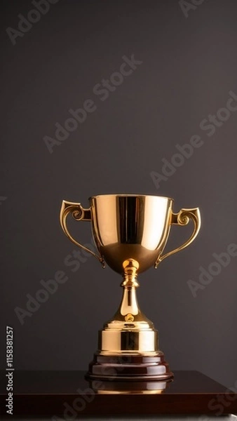 Fototapeta A golden trophy with two handles sits on a dark wooden surface against a black background.