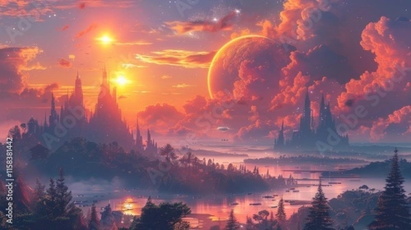 Fototapeta A futuristic cityscape with a glowing sunset and a large planet in the sky. AI generative. .