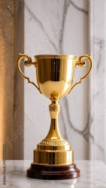 Fototapeta A golden trophy with intricate designs sits on a marble base, reflecting light and surrounded by a marble wall.