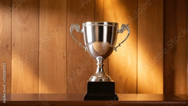 Fototapeta A silver trophy with two handles and a base sits on a wooden shelf against a wooden wall.
