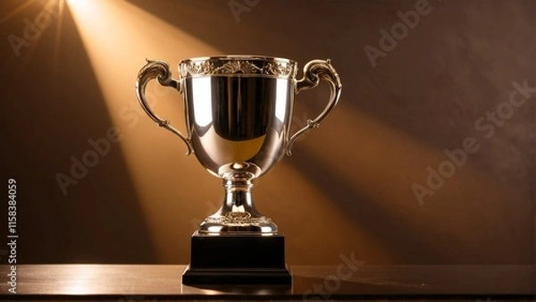 Fototapeta A gleaming trophy with two handles and a base sits on a dark surface, bathed in a warm, golden light.