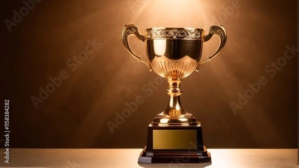 Fototapeta A golden trophy with a gold base and a gold rim, adorned with a gold handle and a gold platter, stands on a wooden base against a brown background.