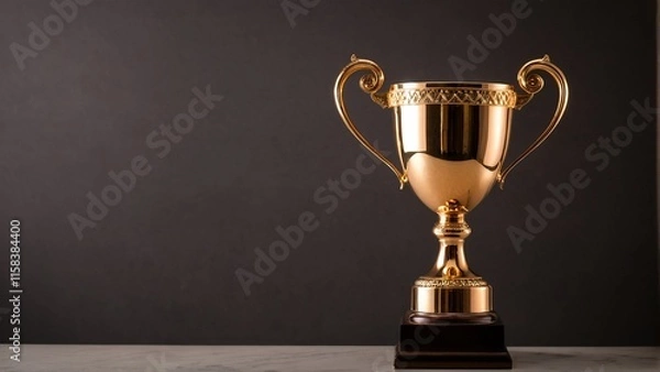 Fototapeta A golden trophy with two handles stands on a dark surface, reflecting light and contrasting with the background.