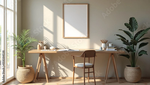 Fototapeta Serene home office with natural light and greenery enhancing a productive atmosphere, photography of interior design concept.