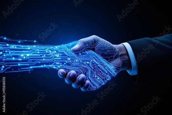 Fototapeta A digital handshake blending human and technology with glowing circuit board patterns, futuristic style, dark background, concept of innovation. Ai generative