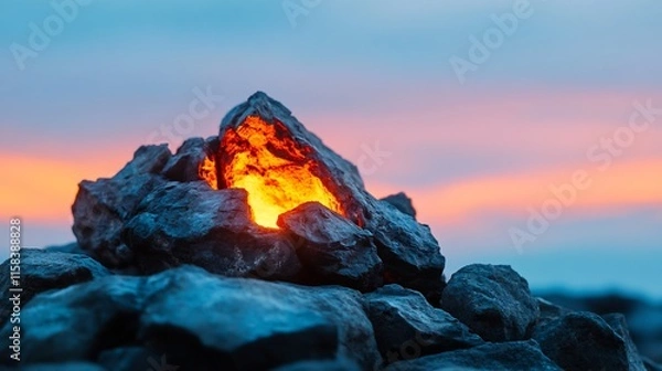 Fototapeta Glowing Embers Mysteriously Illuminate Coastal Rocks at Sunset: Close-Up Photo. AI Generated
