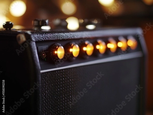 Fototapeta Close-up of a black guitar amplifier with illuminated knobs in a dimly lit setting.