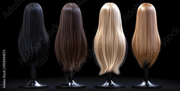 Fototapeta A Collection of Four Elegant Synthetic Wigs in Various Colors Displayed on Black Stands Against a Dark Background for Fashion and Beauty Portrayals