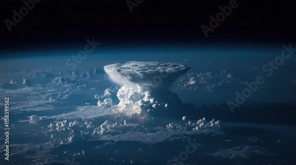 Obraz A stunning view of a massive cumulonimbus cloud from space, showcasing Earth's atmosphere.