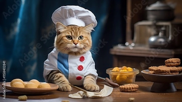 Fototapeta Adorable tabby cat wearing a chef s hat sitting next to a bowl filled with freshly baked homemade cookies ready to indulge in some tasty treats