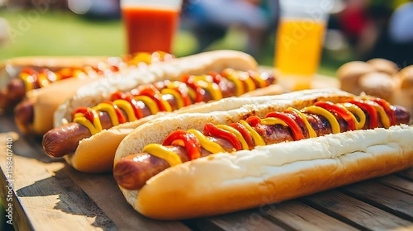 Obraz Group enjoying a creative hotdog competition at a picnic table