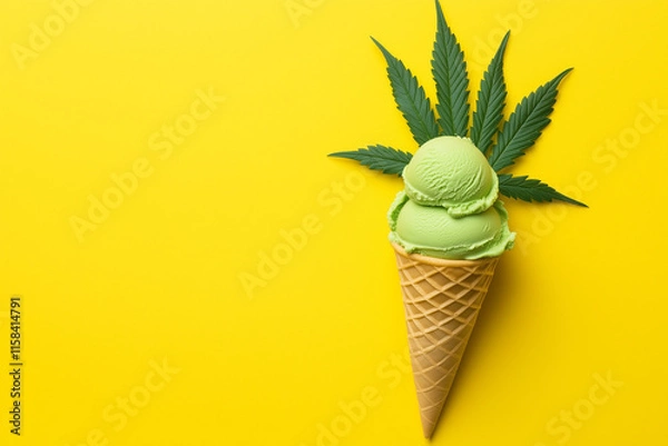 Fototapeta Cannabis leaf over green ice cream cone isolated on yellow background