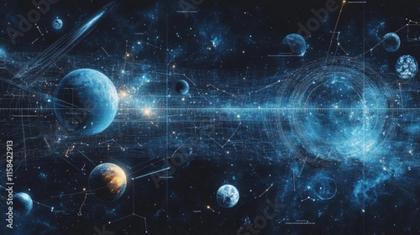 Fototapeta Abstract image of a growth chart in the form of a starry sky or space, consisting of points, lines, and shapes in the form of planets, stars and the universe. Vector wireframe concept.