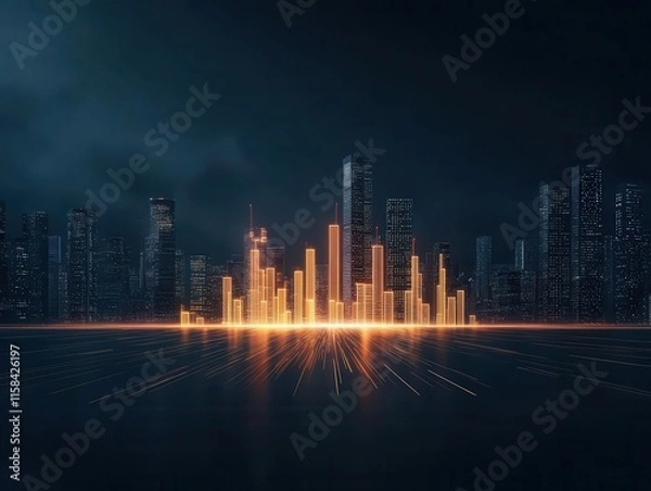 Fototapeta Stylized city skyline with glowing elements, showcasing modern architecture against a dark background, perfect for tech themes. SEO performance and digital marketing concept.