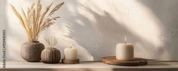 Fototapeta Burning candles and dried flowers creating a cozy atmosphere on a wooden shelf