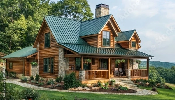 Fototapeta A Charming Log Cabin Home nestled in a Mountain Setting