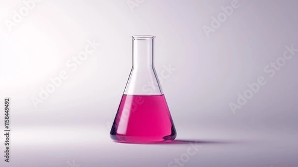 Fototapeta Science glassware featuring an Erlenmeyer flask filled with a vibrant pink liquid solution, isolated against a clean white background, represents the essence of science glassware in experimentation.