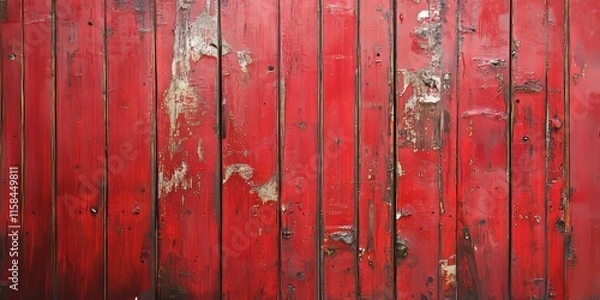 Fototapeta Textured painted old wooden wall with a striking red background creates a vibrant focal point. This painted old wooden wall enhances any setting with its unique characteristics and rich color.