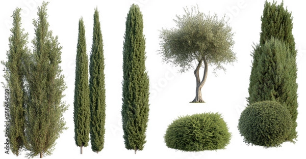 Obraz collection of various trees and shrubs, including tall cypress trees and round bush, displayed transparent background. greenery is lush and detailed, showcasing different shapes and sizes of