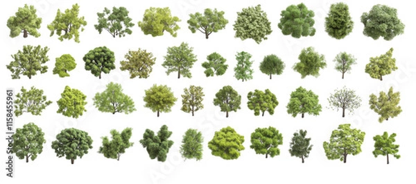 Obraz diverse collection of green trees on transparency background showcases various shapes and textures, highlighting nature variety and beauty