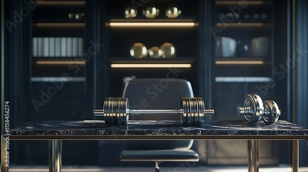 Fototapeta Desk with dumbbells on top and free space around it for decorations