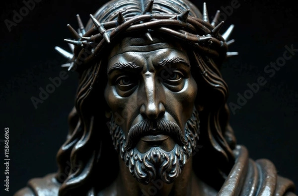Fototapeta On a dark background is depicted the face of Jesus with a crown of thorns, made of metal. Emphasis on minimalism and modern artistic execution.