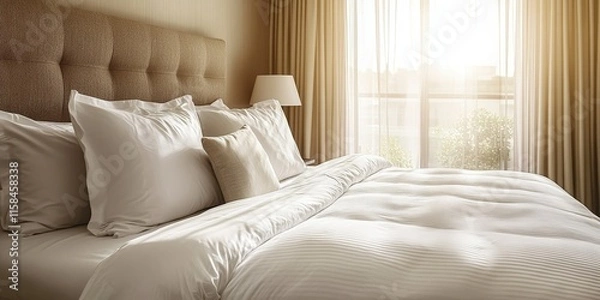 Fototapeta A rejuvenating hotel room featuring a bed adorned with plush pillows and gentle sheets, providing a comforting and relaxing atmosphere for guests to unwind.